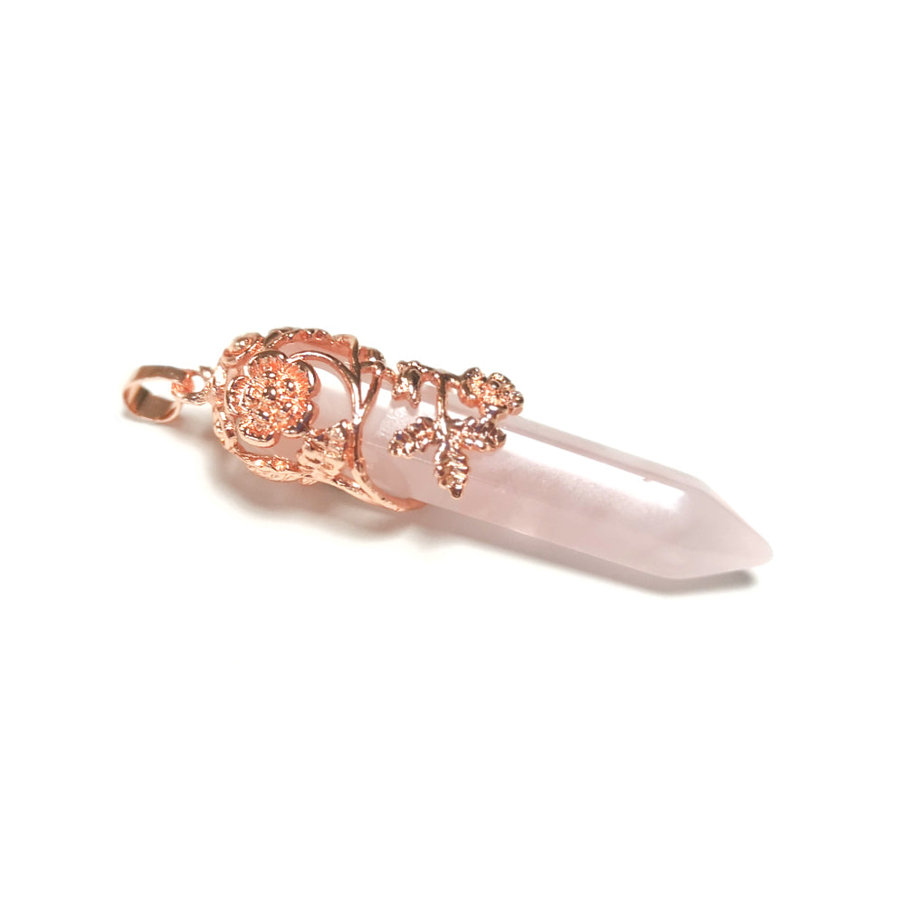 Rose Quartz Hexagon Wand Flower Pendant Pink/Rose Gold 16x62mm 