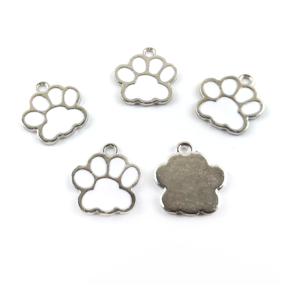 Metal Alloy Paw Print Charms Silver/White 16.2x17.5mm Pack Of 5