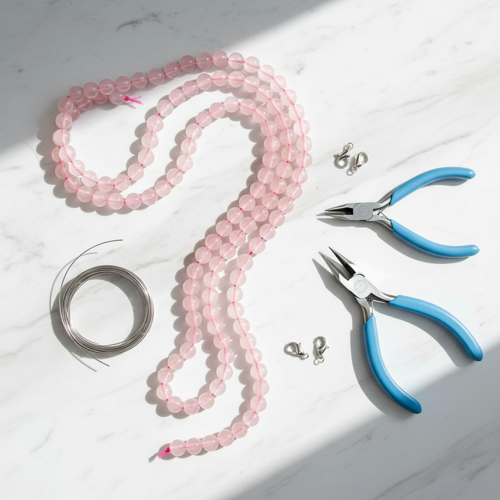 Pink rose quartz 8mm bead strands on white marble with jewellery-making tools