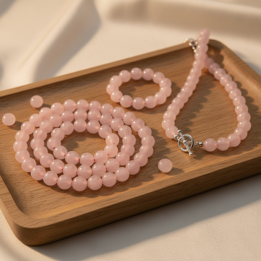 Pink rose quartz 8mm bead strands with finished bracelet and necklace on wooden jewellery display tray