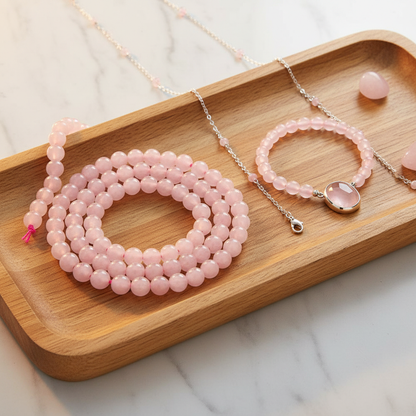 Pink rose quartz 6mm bead strands with finished bracelet and necklace on wooden jewellery display tray