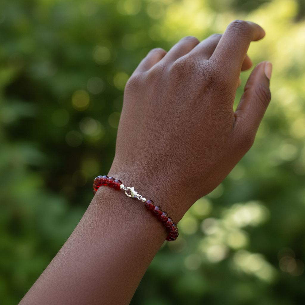 Model with dark skin tone wearing red carnelian 6mm bead bracelet, outdoor green foliage background