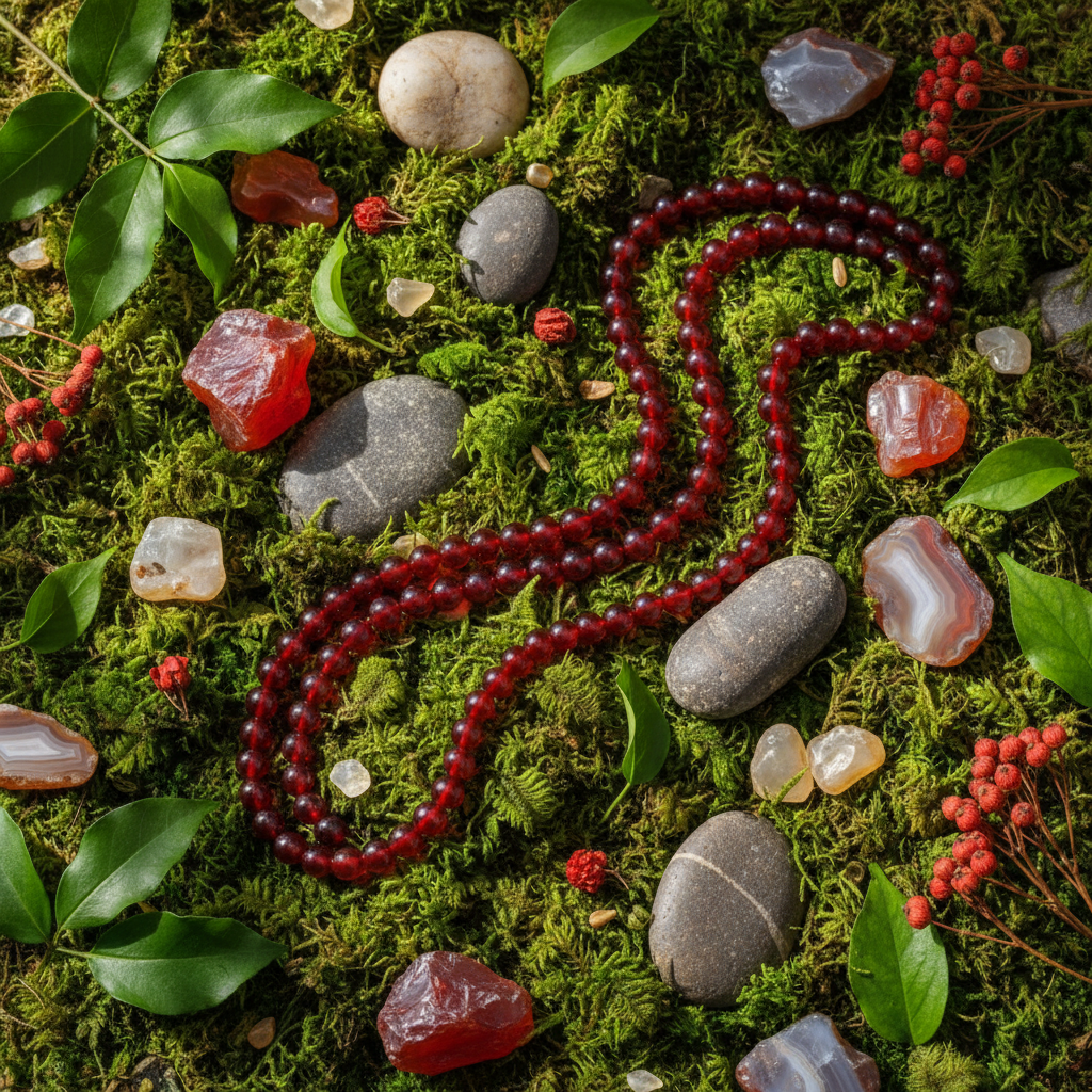 Red carnelian 6mm bead strands on moss and river stones with raw carnelian pieces and dried botanicals
