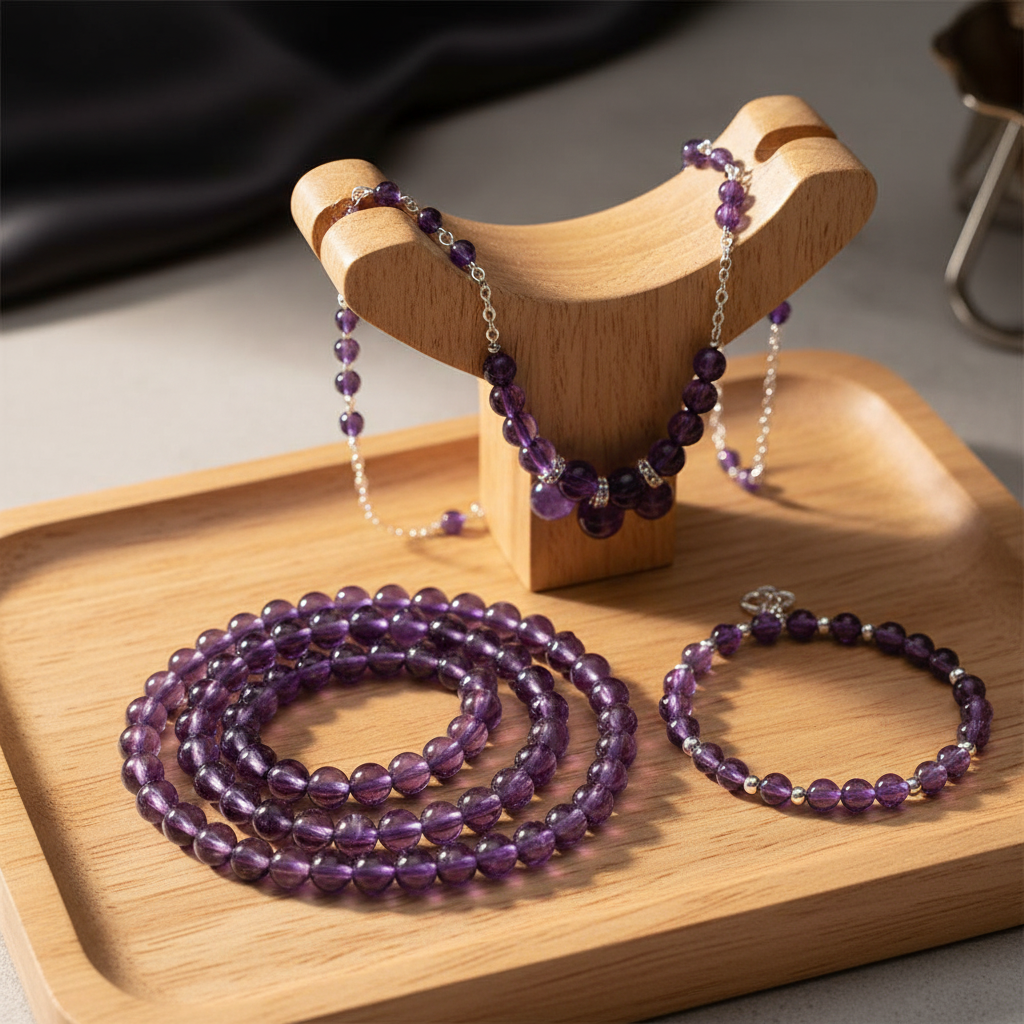 Purple amethyst 6mm bead strands with finished bracelet and necklace on wooden jewellery display tray