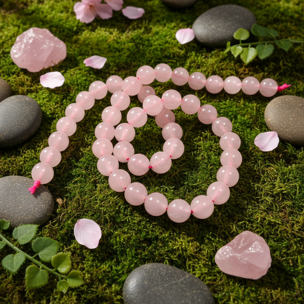 Pink rose quartz 8mm bead strands on moss and river stones with crystals and leaves