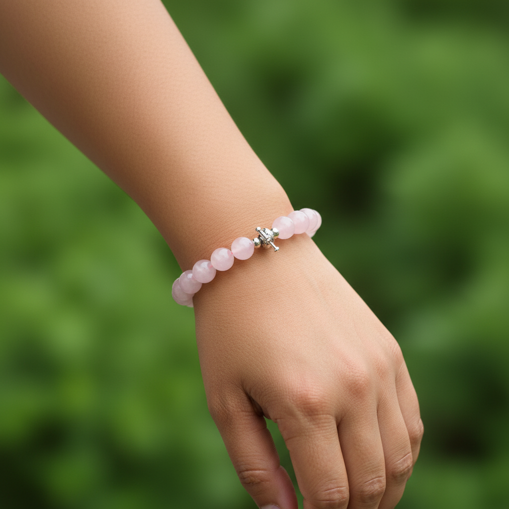 Model with medium skin tone wearing pink rose quartz 8mm bead bracelet, outdoor green foliage background
