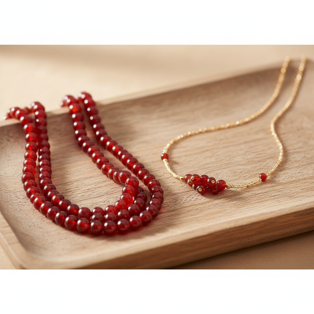 Red carnelian 6mm bead strands with finished bracelet and necklace on wooden jewellery display tray