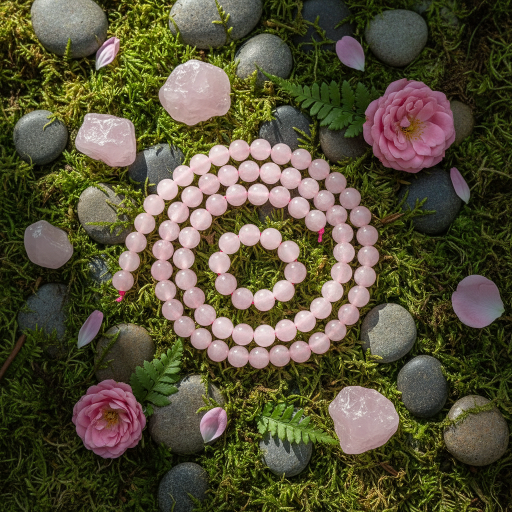 Pink rose quartz 6mm bead strands on moss and river stones with crystals and leaves