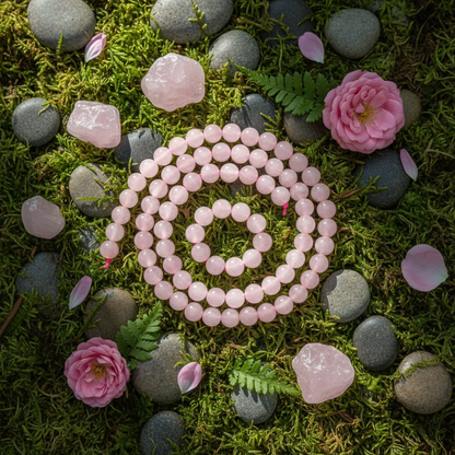 Pink rose quartz 6mm bead strands on moss and river stones with crystals and leaves
