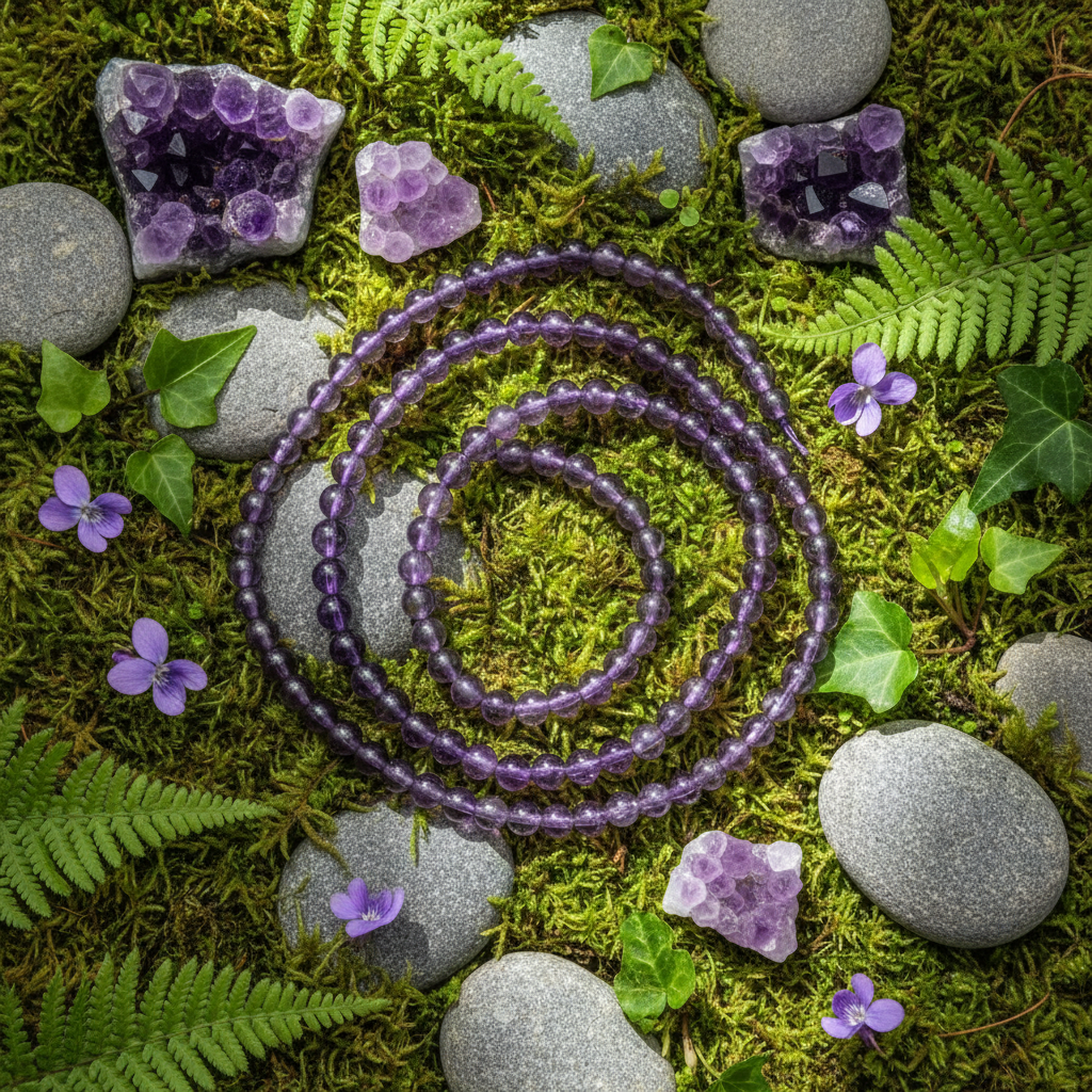 Purple amethyst 6mm bead strands on moss and river stones with amethyst crystals and purple wildflowers