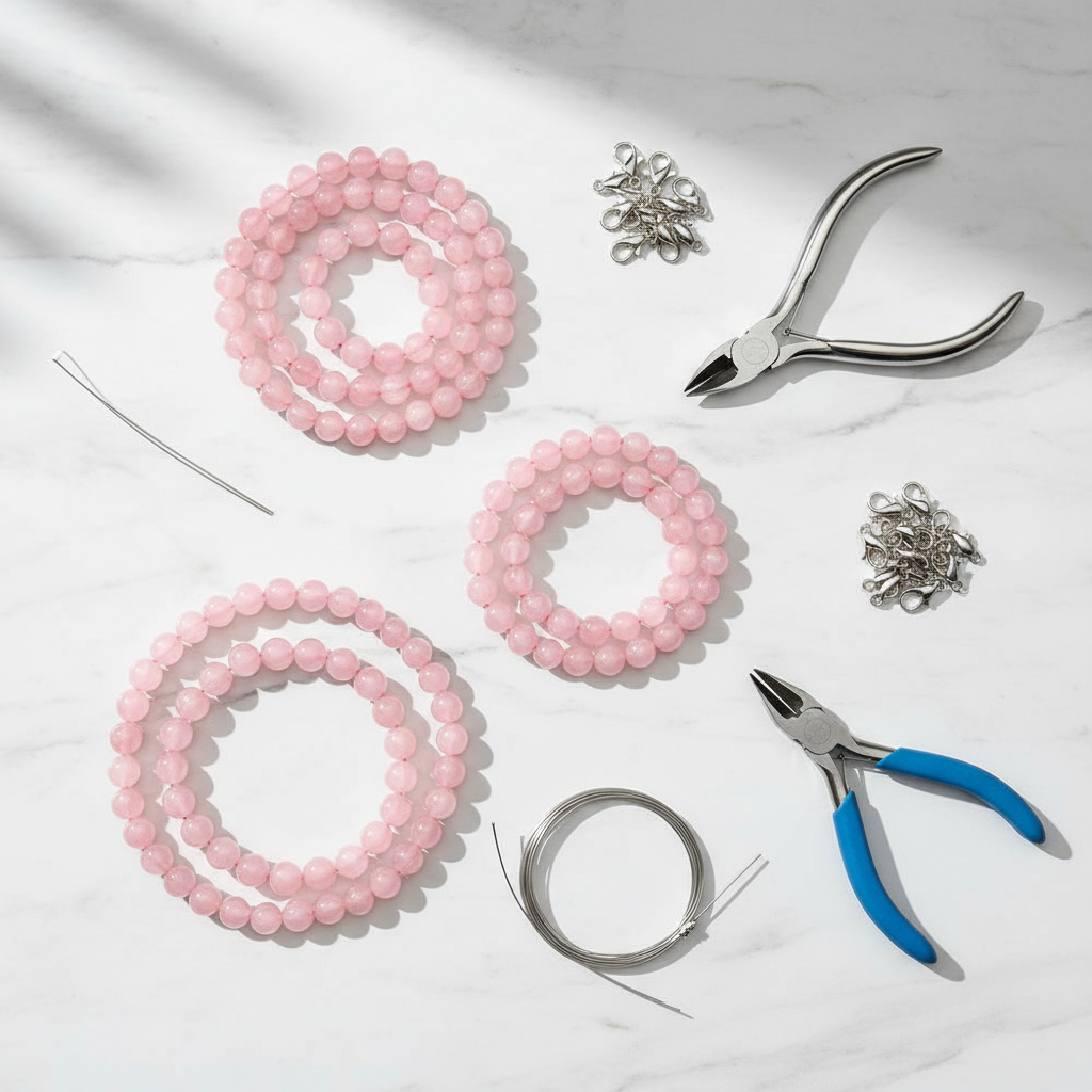 Pink rose quartz 6mm bead strands on white marble with jewellery-making tools