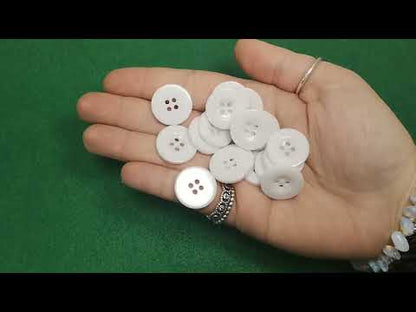 A pack of 20 resin buttons, white in colour, 20mm in size, round shaped, 4-hole