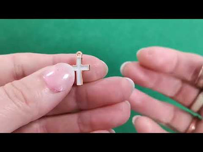 Enamel & Alloy Cross Charms Gold/White 10.5x16.5mm Pack Of 5