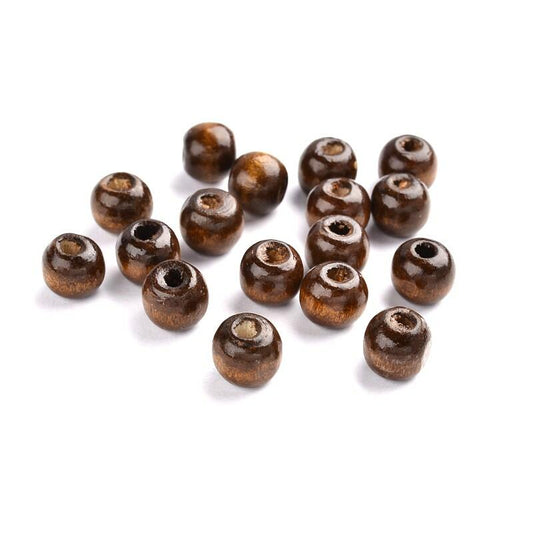 A pack of 100+ wooden beads, dark brown in colour, 10mm in size, round shaped