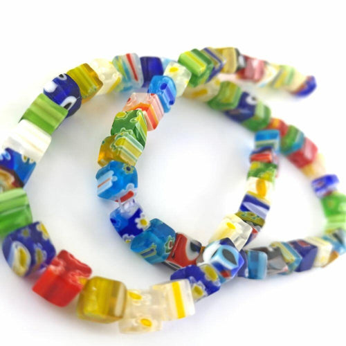 Mixed-Colour Millefiori Glass Beads Cube 6mm Strand Of 60+-0