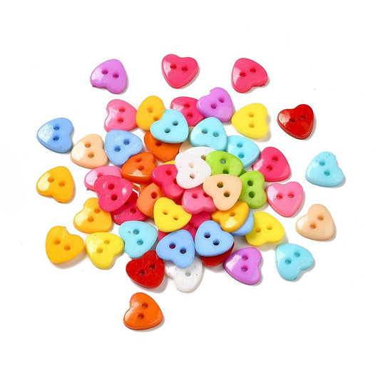A pack of 50+ acrylic buttons, mixed colours, 12mm in size, heart shaped, 2-hole