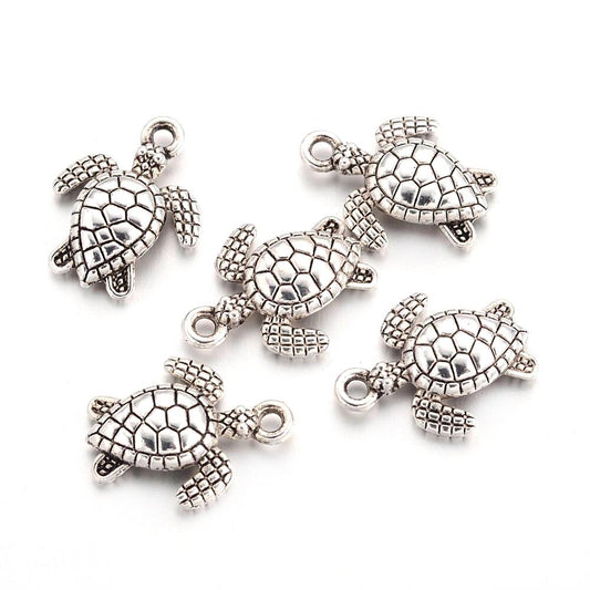 A pack of 20 metal alloy charms, antique silver coloured, 12.5x16mm in size, turtle shaped