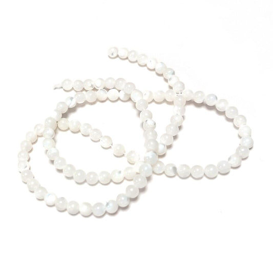 A strand of 90+ mother of pearl beads, white in colour, 4mm in size, round shaped
