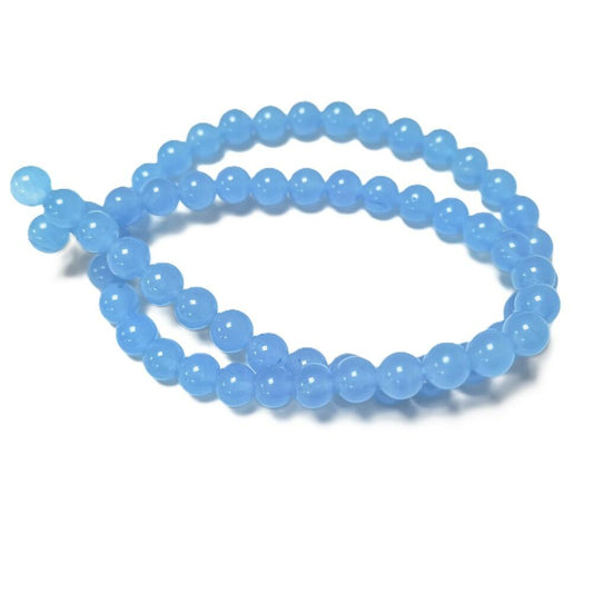 A strand of 62+ malaysian jade beads, cyan in colour, 6mm in size, round shaped