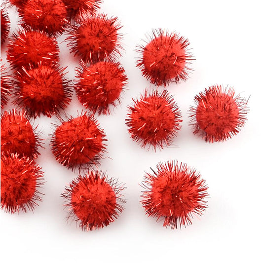 A pack of 100+ pom poms, red in colour, 15mm in size, made with glitter tinsel and yarn
