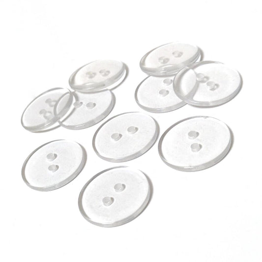 A pack of 10 resin buttons, clear in colour, 20mm in size, round shaped, 2-hole