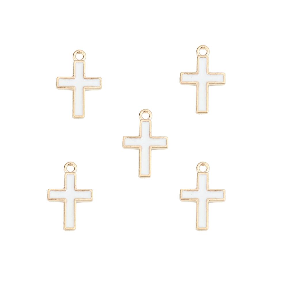 Enamel & Alloy Cross Charms Gold/White 10.5x16.5mm Pack Of 5-0