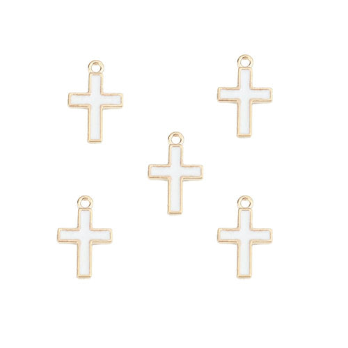 Enamel & Alloy Cross Charms Gold/White 10.5x16.5mm Pack Of 5-0