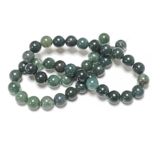 A strand of 45+ moss agate beads, green in colour, 8mm in size, round shaped