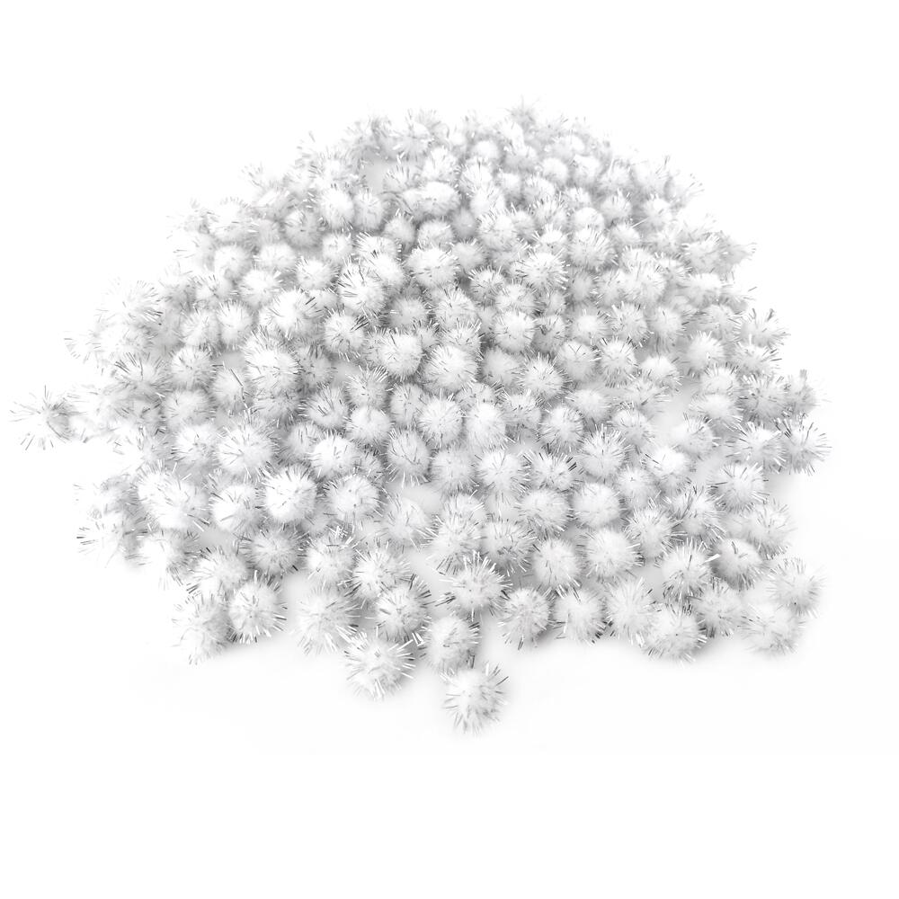 Pom Poms Glitter Tinsel & Yarn White/Silver 15mm Pack Of 100+-0