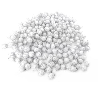 Pom Poms Glitter Tinsel & Yarn White/Silver 15mm Pack Of 100+-0