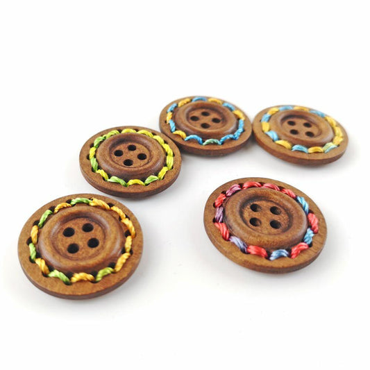 A pack of 5 wood buttons, brown and multicoloured, 25mm in size, round shaped, 4-hole