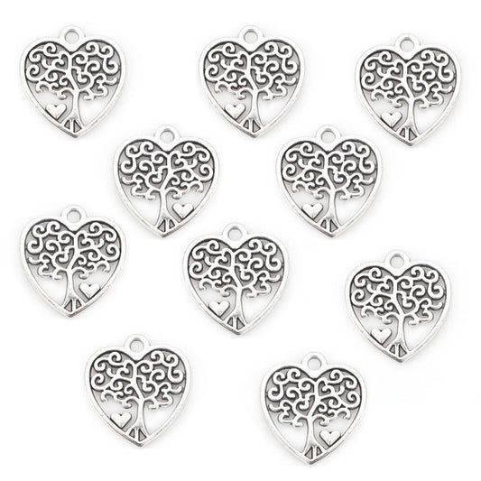 A pack of 10 metal alloy charms, antique silver coloured, 17x18.5mm in size, heart shaped