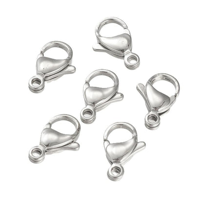 A pack of 20 stainless steel lobster clasps, silver in colour, 9x15mm in size