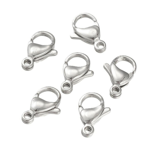A pack of 20 stainless steel lobster clasps, silver in colour, 9x15mm in size