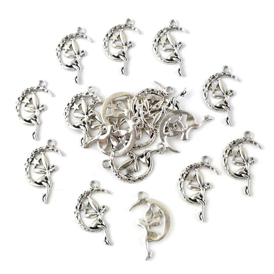A pack of 20 metal alloy pendants, antique silver coloured, 25mm in size, moon shaped